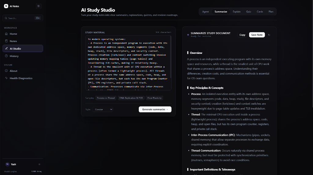 AI Notes website homepage
