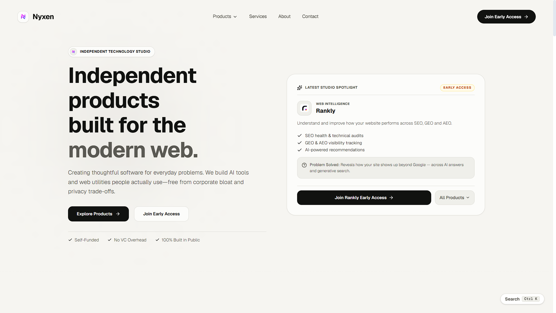 Nyxen website homepage